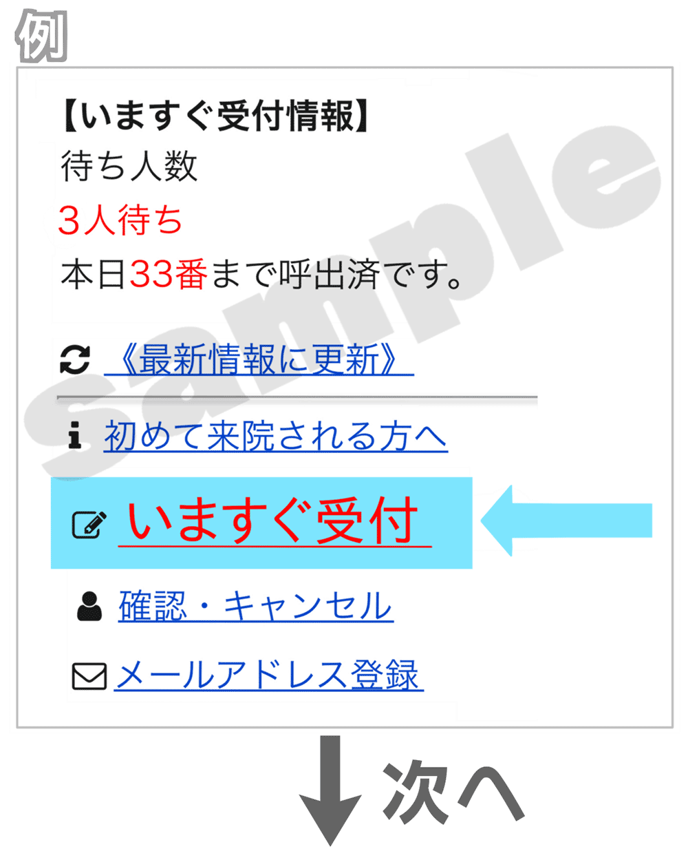 いますぐ受付を選択する画面