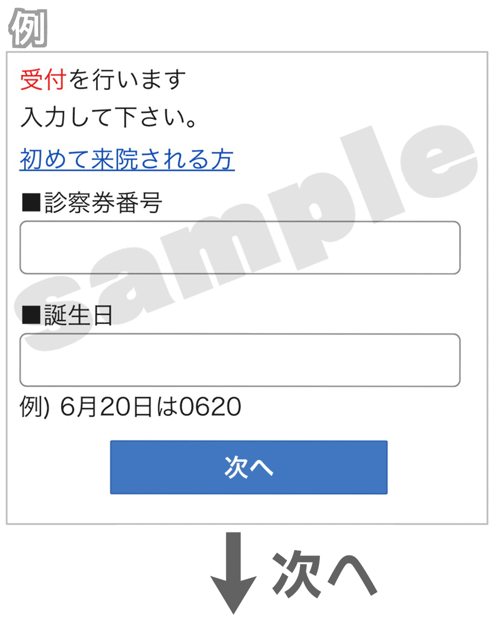 診察券番号と誕生日を入力する画面